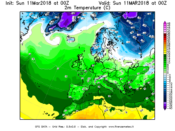 Mappa di analisi GFS - Temperatura a 2 metri dal suolo [°C] in Europa
									del 11/03/2018 00 <!--googleoff: index-->UTC<!--googleon: index-->