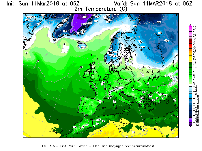 Mappa di analisi GFS - Temperatura a 2 metri dal suolo [°C] in Europa
							del 11/03/2018 06 <!--googleoff: index-->UTC<!--googleon: index-->