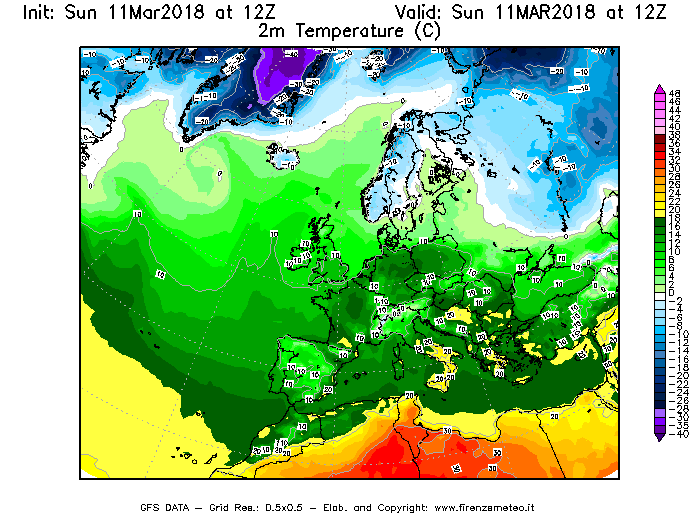 Mappa di analisi GFS - Temperatura a 2 metri dal suolo [°C] in Europa
									del 11/03/2018 12 <!--googleoff: index-->UTC<!--googleon: index-->
