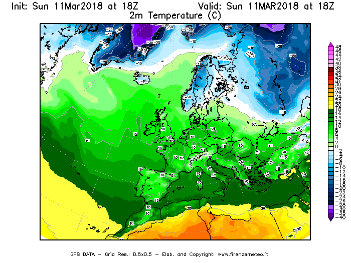 Mappa di analisi GFS - Temperatura a 2 metri dal suolo [°C] in Europa
							del 11/03/2018 18 <!--googleoff: index-->UTC<!--googleon: index-->