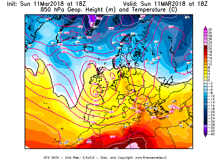 Mappa di analisi GFS - Geopotenziale [m] e Temperatura [°C] a 850 hPa in Europa
							del 11/03/2018 18 <!--googleoff: index-->UTC<!--googleon: index-->