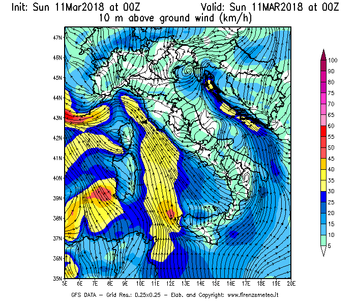 Mappa di analisi GFS - Velocità del vento a 10 metri dal suolo [km/h] in Italia
							del 11/03/2018 00 <!--googleoff: index-->UTC<!--googleon: index-->