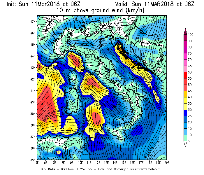 Mappa di analisi GFS - Velocità del vento a 10 metri dal suolo [km/h] in Italia
									del 11/03/2018 06 <!--googleoff: index-->UTC<!--googleon: index-->
