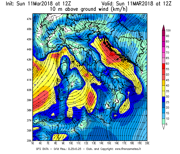 Mappa di analisi GFS - Velocità del vento a 10 metri dal suolo [km/h] in Italia
									del 11/03/2018 12 <!--googleoff: index-->UTC<!--googleon: index-->