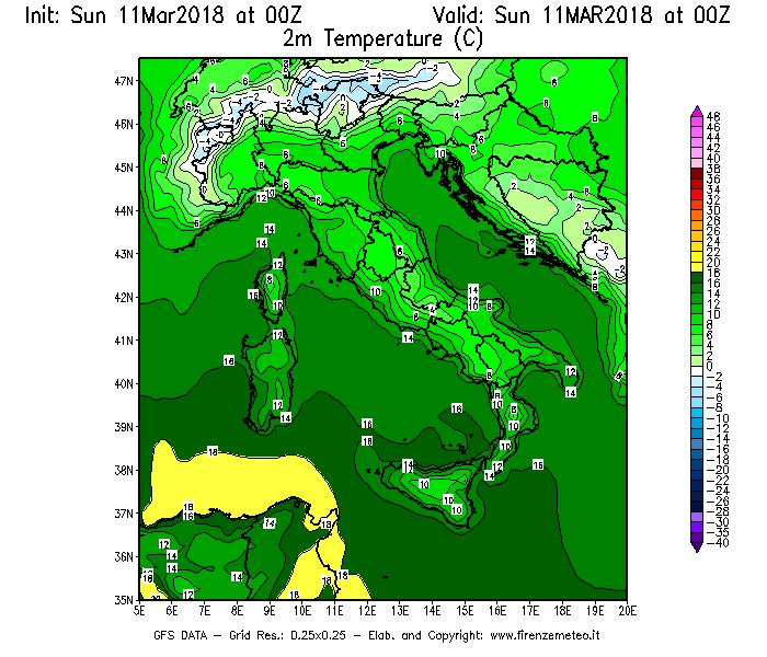 Mappa di analisi GFS - Temperatura a 2 metri dal suolo [°C] in Italia
							del 11/03/2018 00 <!--googleoff: index-->UTC<!--googleon: index-->