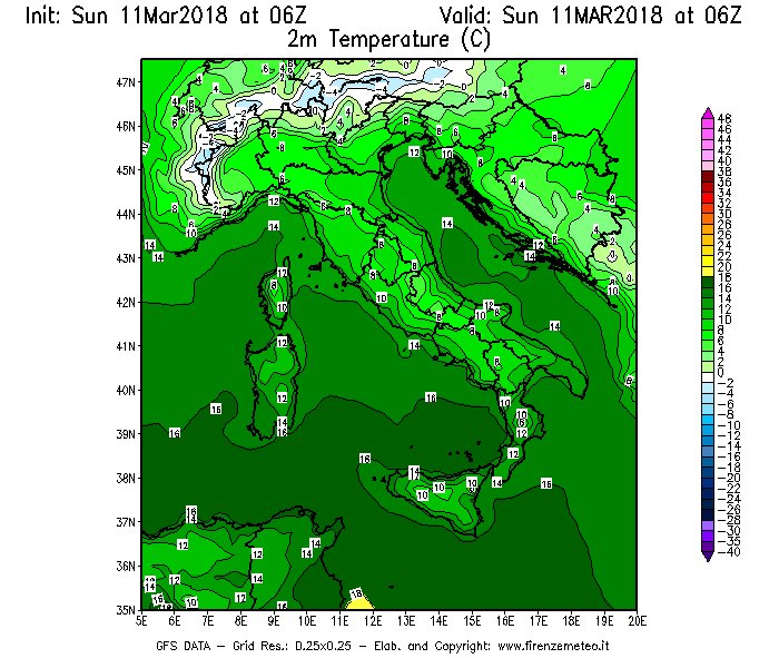Mappa di analisi GFS - Temperatura a 2 metri dal suolo [°C] in Italia
							del 11/03/2018 06 <!--googleoff: index-->UTC<!--googleon: index-->
