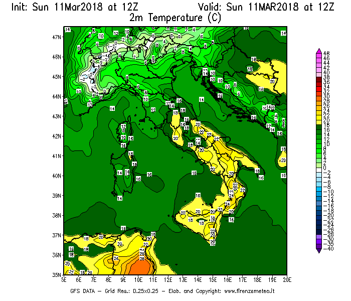 Mappa di analisi GFS - Temperatura a 2 metri dal suolo [°C] in Italia
									del 11/03/2018 12 <!--googleoff: index-->UTC<!--googleon: index-->