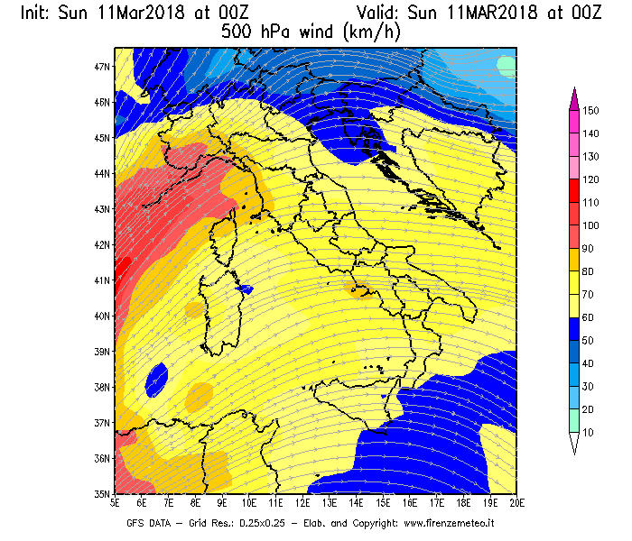 Mappa di analisi GFS - Velocità del vento a 500 hPa [km/h] in Italia
									del 11/03/2018 00 <!--googleoff: index-->UTC<!--googleon: index-->