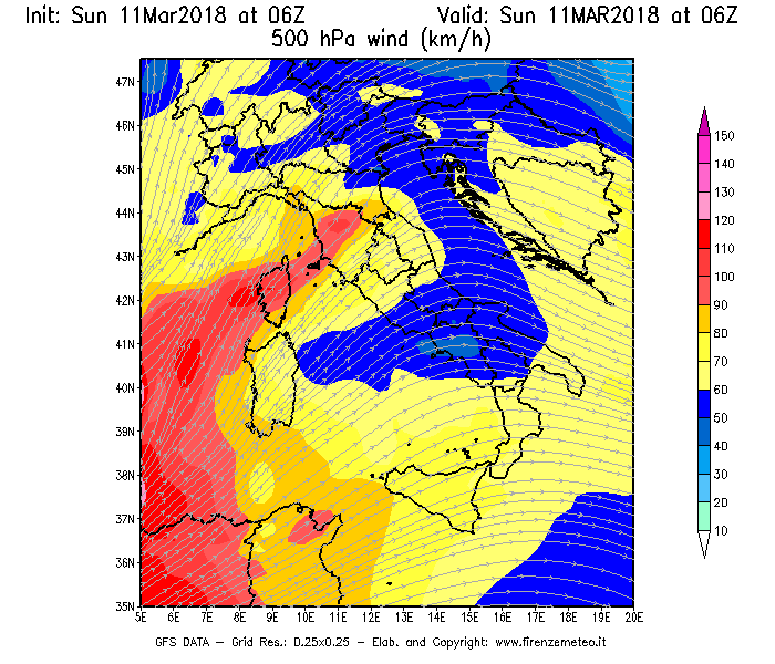 Mappa di analisi GFS - Velocità del vento a 500 hPa [km/h] in Italia
									del 11/03/2018 06 <!--googleoff: index-->UTC<!--googleon: index-->