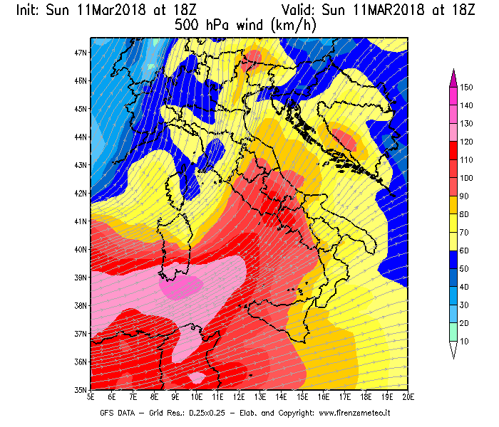 Mappa di analisi GFS - Velocità del vento a 500 hPa [km/h] in Italia
									del 11/03/2018 18 <!--googleoff: index-->UTC<!--googleon: index-->
