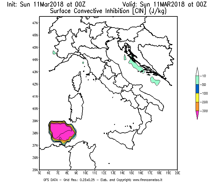 Mappa di analisi GFS - CIN [J/kg] in Italia
									del 11/03/2018 00 <!--googleoff: index-->UTC<!--googleon: index-->