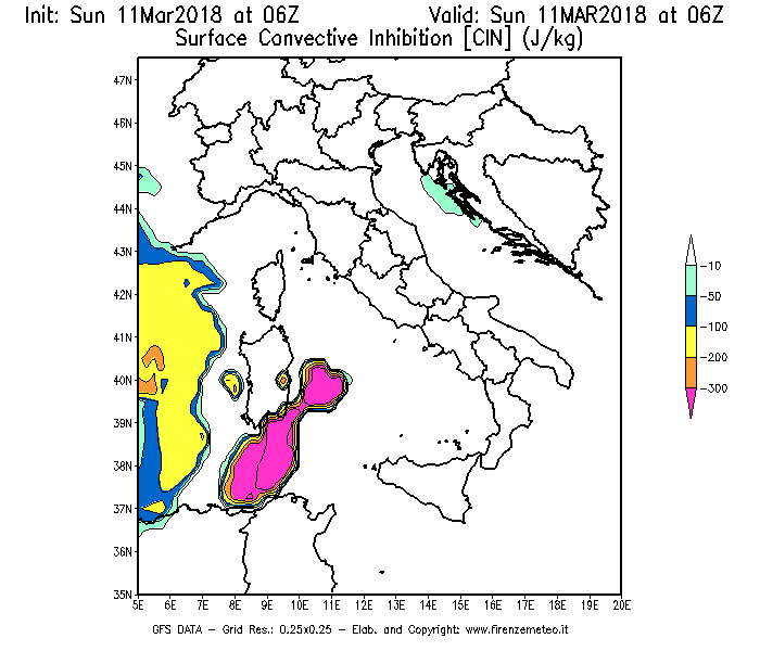 Mappa di analisi GFS - CIN [J/kg] in Italia
							del 11/03/2018 06 <!--googleoff: index-->UTC<!--googleon: index-->