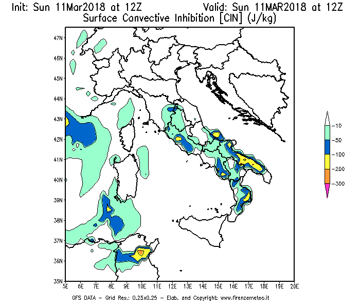 Mappa di analisi GFS - CIN [J/kg] in Italia
									del 11/03/2018 12 <!--googleoff: index-->UTC<!--googleon: index-->