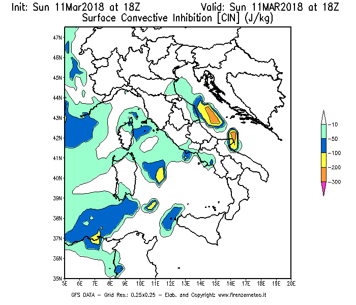 Mappa di analisi GFS - CIN [J/kg] in Italia
							del 11/03/2018 18 <!--googleoff: index-->UTC<!--googleon: index-->