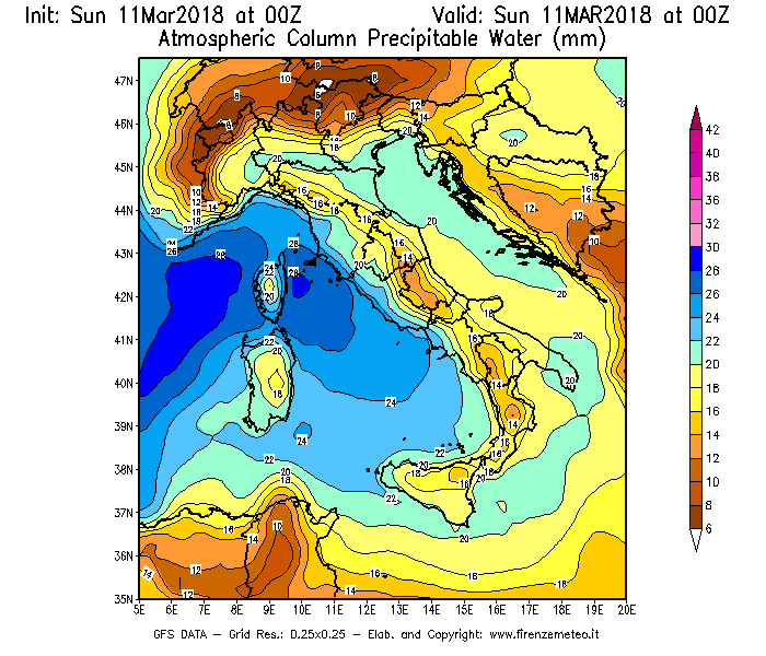 Mappa di analisi GFS - Precipitable Water [mm] in Italia
									del 11/03/2018 00 <!--googleoff: index-->UTC<!--googleon: index-->