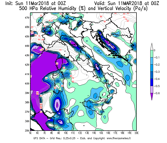 Mappa di analisi GFS - Umidità relativa [%] e Omega [Pa/s] a 500 hPa in Italia
							del 11/03/2018 00 <!--googleoff: index-->UTC<!--googleon: index-->