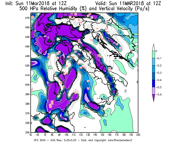 Mappa di analisi GFS - Umidità relativa [%] e Omega [Pa/s] a 500 hPa in Italia
							del 11/03/2018 12 <!--googleoff: index-->UTC<!--googleon: index-->