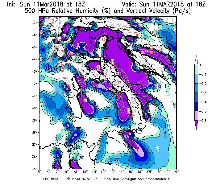 Mappa di analisi GFS - Umidità relativa [%] e Omega [Pa/s] a 500 hPa in Italia
									del 11/03/2018 18 <!--googleoff: index-->UTC<!--googleon: index-->