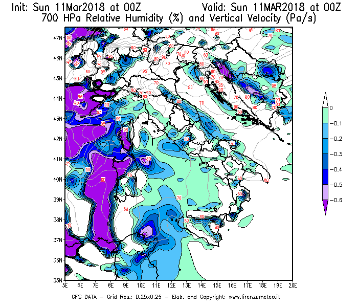 Mappa di analisi GFS - Umidità relativa [%] e Omega [Pa/s] a 700 hPa in Italia
							del 11/03/2018 00 <!--googleoff: index-->UTC<!--googleon: index-->