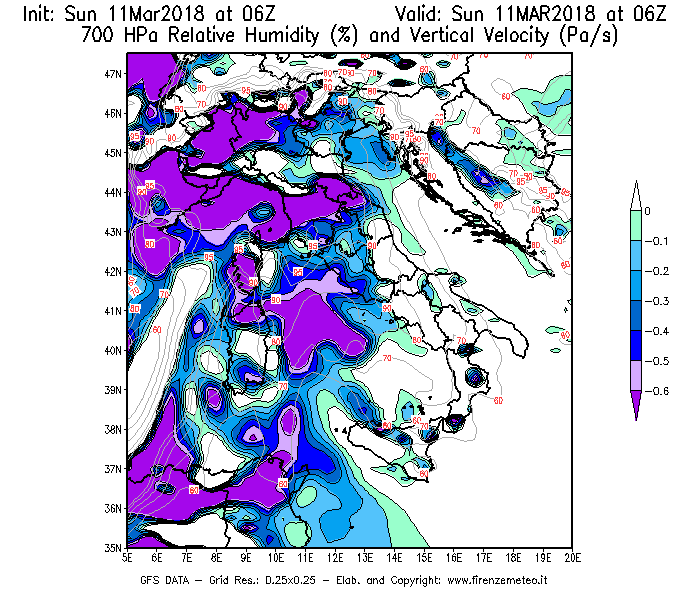 Mappa di analisi GFS - Umidità relativa [%] e Omega [Pa/s] a 700 hPa in Italia
							del 11/03/2018 06 <!--googleoff: index-->UTC<!--googleon: index-->