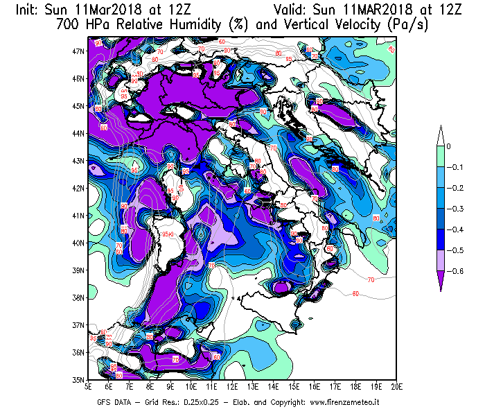 Mappa di analisi GFS - Umidità relativa [%] e Omega [Pa/s] a 700 hPa in Italia
									del 11/03/2018 12 <!--googleoff: index-->UTC<!--googleon: index-->