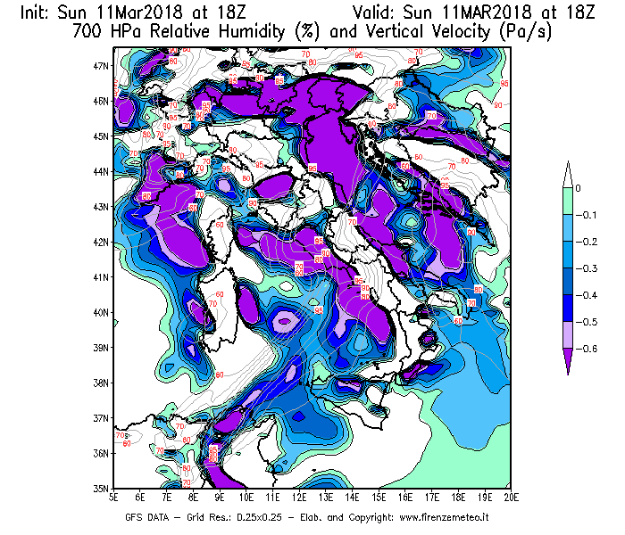 Mappa di analisi GFS - Umidità relativa [%] e Omega [Pa/s] a 700 hPa in Italia
									del 11/03/2018 18 <!--googleoff: index-->UTC<!--googleon: index-->
