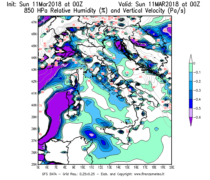 Mappa di analisi GFS - Umidità relativa [%] e Omega [Pa/s] a 850 hPa in Italia
									del 11/03/2018 00 <!--googleoff: index-->UTC<!--googleon: index-->