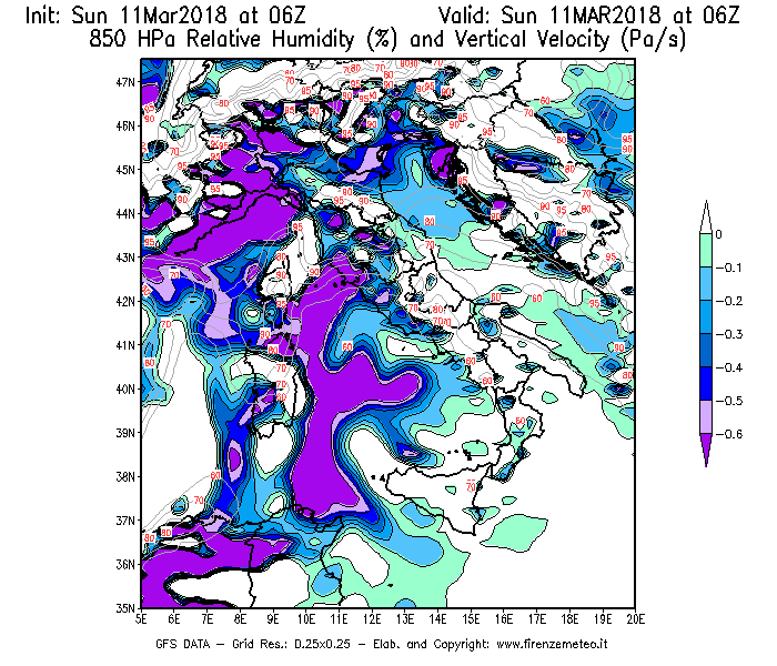 Mappa di analisi GFS - Umidità relativa [%] e Omega [Pa/s] a 850 hPa in Italia
							del 11/03/2018 06 <!--googleoff: index-->UTC<!--googleon: index-->