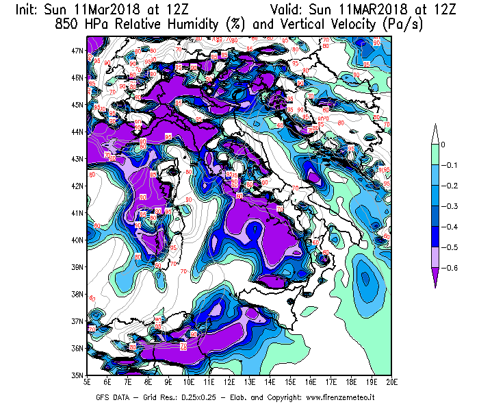 Mappa di analisi GFS - Umidità relativa [%] e Omega [Pa/s] a 850 hPa in Italia
							del 11/03/2018 12 <!--googleoff: index-->UTC<!--googleon: index-->