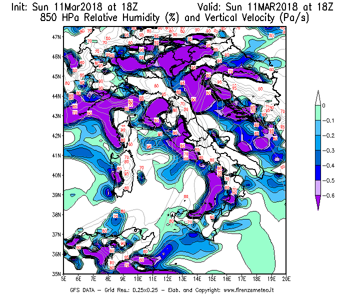 Mappa di analisi GFS - Umidità relativa [%] e Omega [Pa/s] a 850 hPa in Italia
							del 11/03/2018 18 <!--googleoff: index-->UTC<!--googleon: index-->