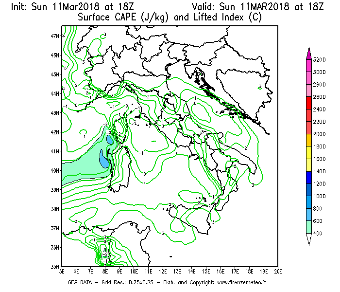 Mappa di analisi GFS - CAPE [J/kg] e Lifted Index [°C] in Italia
									del 11/03/2018 18 <!--googleoff: index-->UTC<!--googleon: index-->
