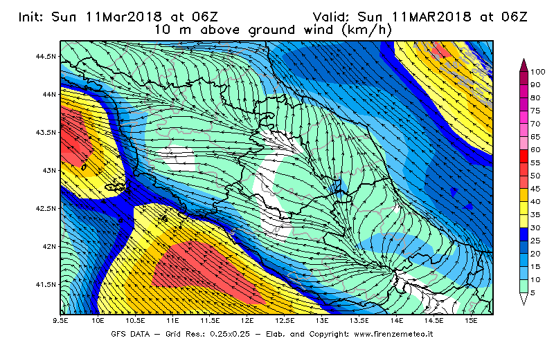 Mappa di analisi GFS - Velocità del vento a 10 metri dal suolo [km/h] in Centro-Italia
									del 11/03/2018 06 <!--googleoff: index-->UTC<!--googleon: index-->