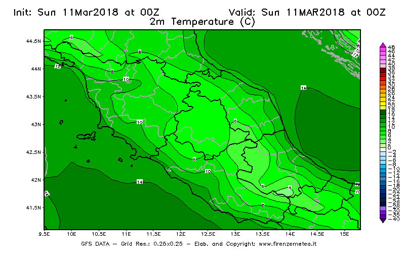 Mappa di analisi GFS - Temperatura a 2 metri dal suolo [°C] in Centro-Italia
									del 11/03/2018 00 <!--googleoff: index-->UTC<!--googleon: index-->