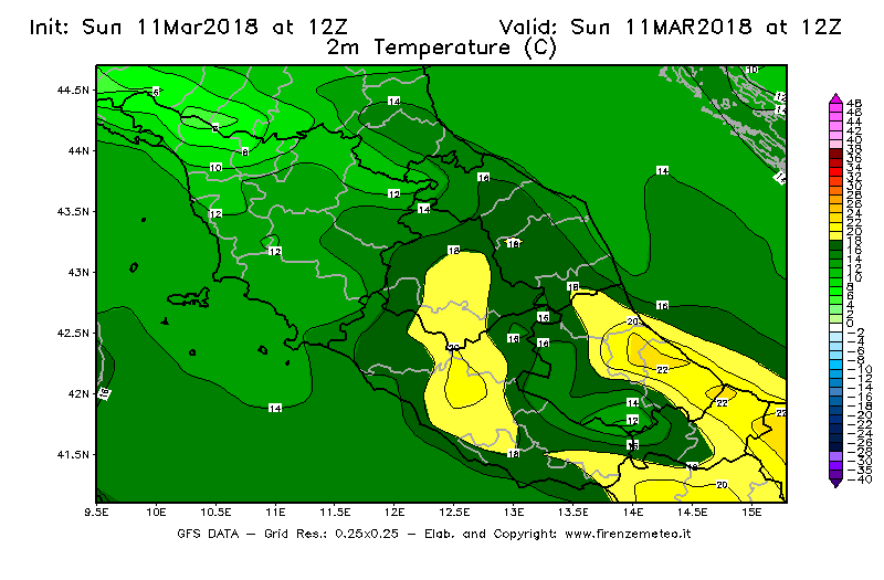Mappa di analisi GFS - Temperatura a 2 metri dal suolo [°C] in Centro-Italia
							del 11/03/2018 12 <!--googleoff: index-->UTC<!--googleon: index-->