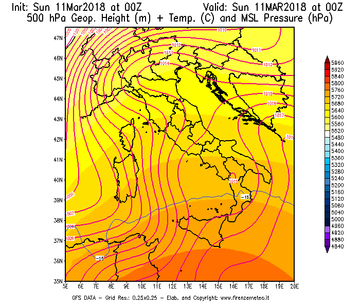 Mappa di analisi GFS - Geopotenziale [m] + Temp. [°C] a 500 hPa + Press. a livello del mare [hPa] in Italia
							del 11/03/2018 00 <!--googleoff: index-->UTC<!--googleon: index-->