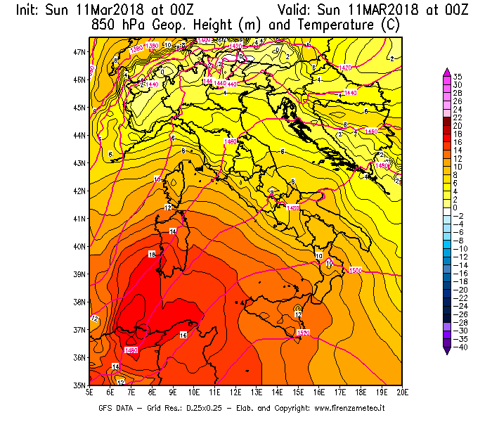 Mappa di analisi GFS - Geopotenziale [m] e Temperatura [°C] a 850 hPa in Italia
									del 11/03/2018 00 <!--googleoff: index-->UTC<!--googleon: index-->
