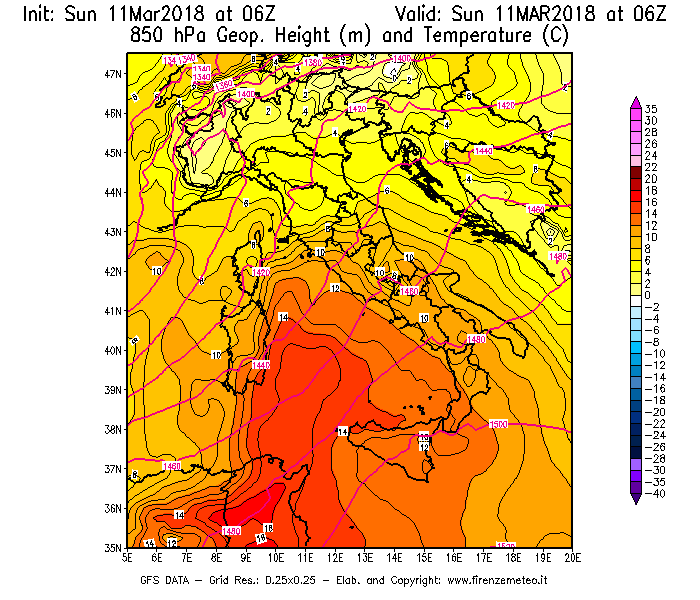 Mappa di analisi GFS - Geopotenziale [m] e Temperatura [°C] a 850 hPa in Italia
							del 11/03/2018 06 <!--googleoff: index-->UTC<!--googleon: index-->