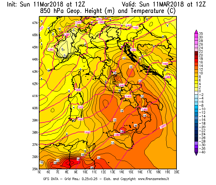 Mappa di analisi GFS - Geopotenziale [m] e Temperatura [°C] a 850 hPa in Italia
									del 11/03/2018 12 <!--googleoff: index-->UTC<!--googleon: index-->