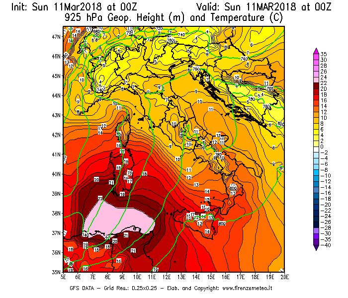 Mappa di analisi GFS - Geopotenziale [m] e Temperatura [°C] a 925 hPa in Italia
									del 11/03/2018 00 <!--googleoff: index-->UTC<!--googleon: index-->