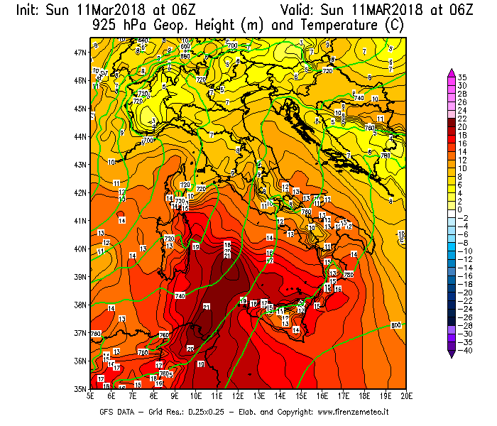 Mappa di analisi GFS - Geopotenziale [m] e Temperatura [°C] a 925 hPa in Italia
							del 11/03/2018 06 <!--googleoff: index-->UTC<!--googleon: index-->