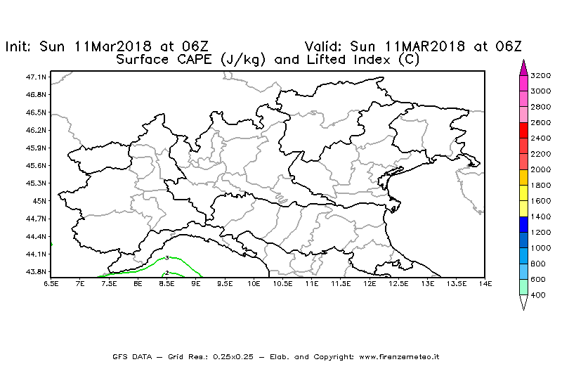 Mappa di analisi GFS - CAPE [J/kg] e Lifted Index [°C] in Nord-Italia
									del 11/03/2018 06 <!--googleoff: index-->UTC<!--googleon: index-->