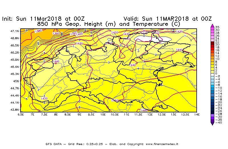 Mappa di analisi GFS - Geopotenziale [m] e Temperatura [°C] a 850 hPa in Nord-Italia
									del 11/03/2018 00 <!--googleoff: index-->UTC<!--googleon: index-->