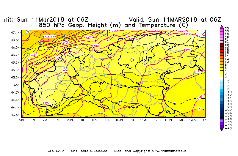 Mappa di analisi GFS - Geopotenziale [m] e Temperatura [°C] a 850 hPa in Nord-Italia
							del 11/03/2018 06 <!--googleoff: index-->UTC<!--googleon: index-->