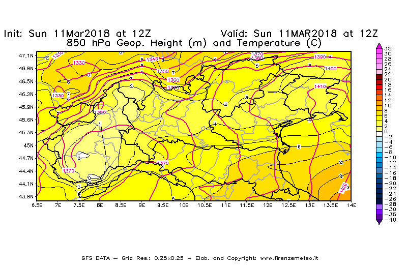 Mappa di analisi GFS - Geopotenziale [m] e Temperatura [°C] a 850 hPa in Nord-Italia
									del 11/03/2018 12 <!--googleoff: index-->UTC<!--googleon: index-->