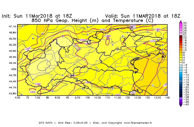 Mappa di analisi GFS - Geopotenziale [m] e Temperatura [°C] a 850 hPa in Nord-Italia
							del 11/03/2018 18 <!--googleoff: index-->UTC<!--googleon: index-->