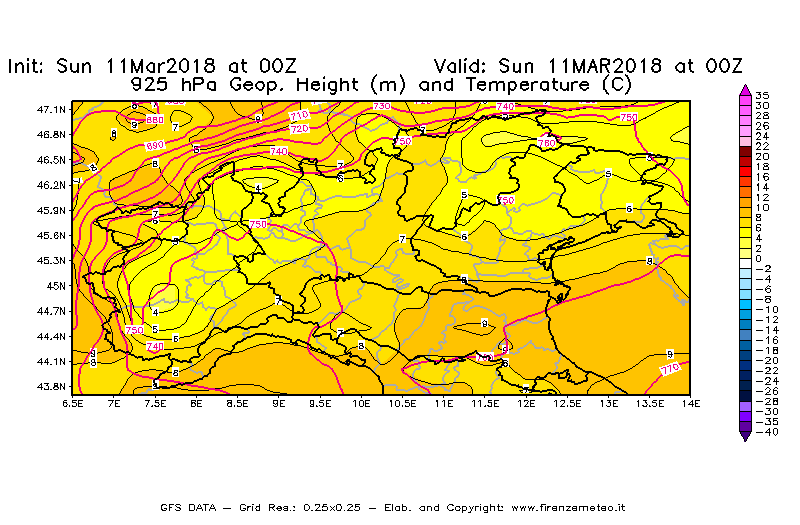 Mappa di analisi GFS - Geopotenziale [m] e Temperatura [°C] a 925 hPa in Nord-Italia
							del 11/03/2018 00 <!--googleoff: index-->UTC<!--googleon: index-->