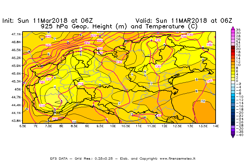 Mappa di analisi GFS - Geopotenziale [m] e Temperatura [°C] a 925 hPa in Nord-Italia
							del 11/03/2018 06 <!--googleoff: index-->UTC<!--googleon: index-->