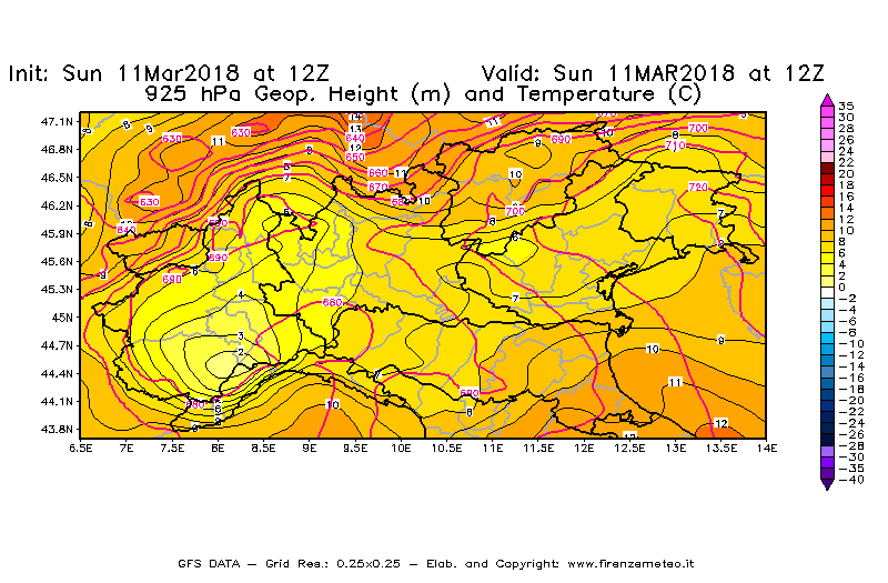 Mappa di analisi GFS - Geopotenziale [m] e Temperatura [°C] a 925 hPa in Nord-Italia
							del 11/03/2018 12 <!--googleoff: index-->UTC<!--googleon: index-->