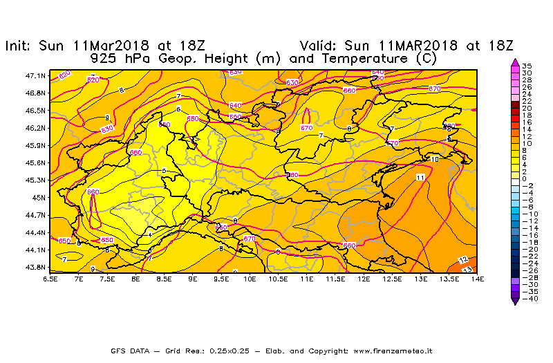 Mappa di analisi GFS - Geopotenziale [m] e Temperatura [°C] a 925 hPa in Nord-Italia
							del 11/03/2018 18 <!--googleoff: index-->UTC<!--googleon: index-->