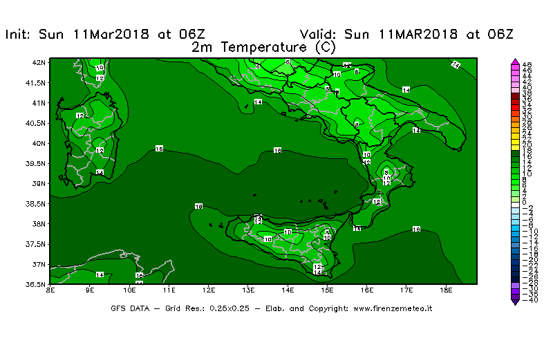 Mappa di analisi GFS - Temperatura a 2 metri dal suolo [°C] in Sud-Italia
							del 11/03/2018 06 <!--googleoff: index-->UTC<!--googleon: index-->